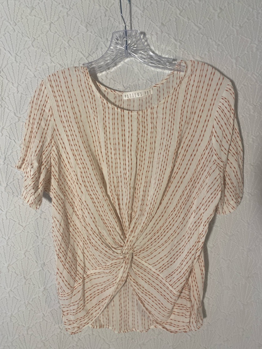 Potter's Pot Cream Short Sleeve Twist Front Top with Rust Stripes Natural Fabric